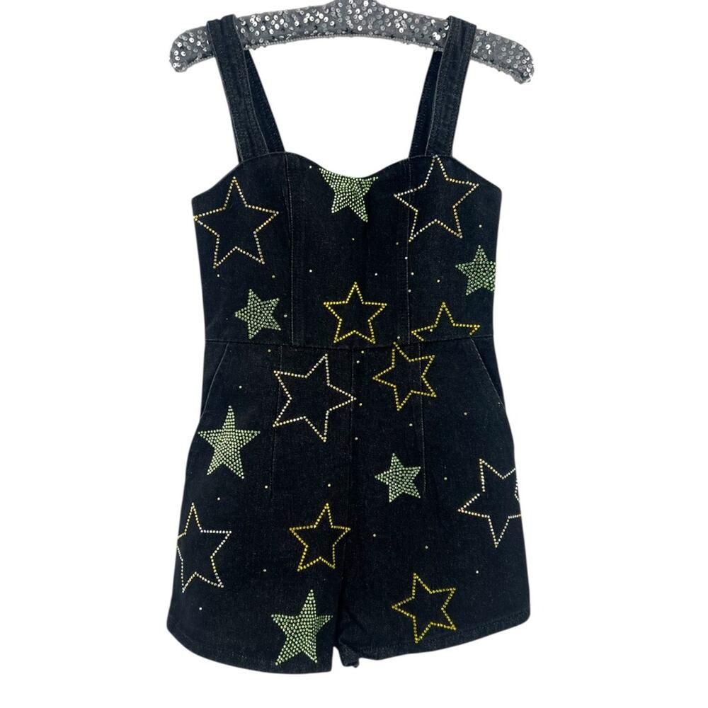 Nasty Gal Black Star-Embellished Denim Romper with Green & Yellow Stars - Picture 6 of 6